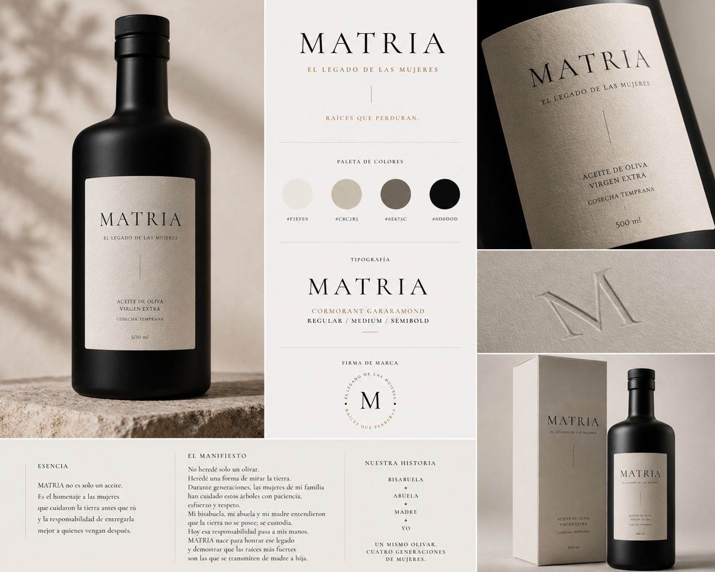 Universo visual MATRIA: botella, etiqueta, paleta y tipografía